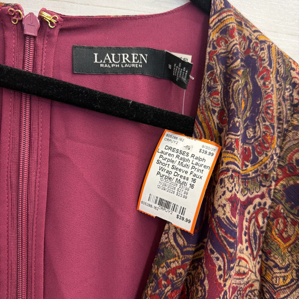 Ralph Lauren Purple/ Multi Print Short Sleeve Faux Wrap Dress 16