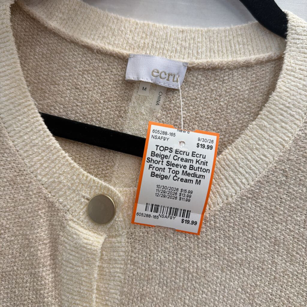 Ecru Beige/ Cream Knit Short Sleeve Button Front Top Medium