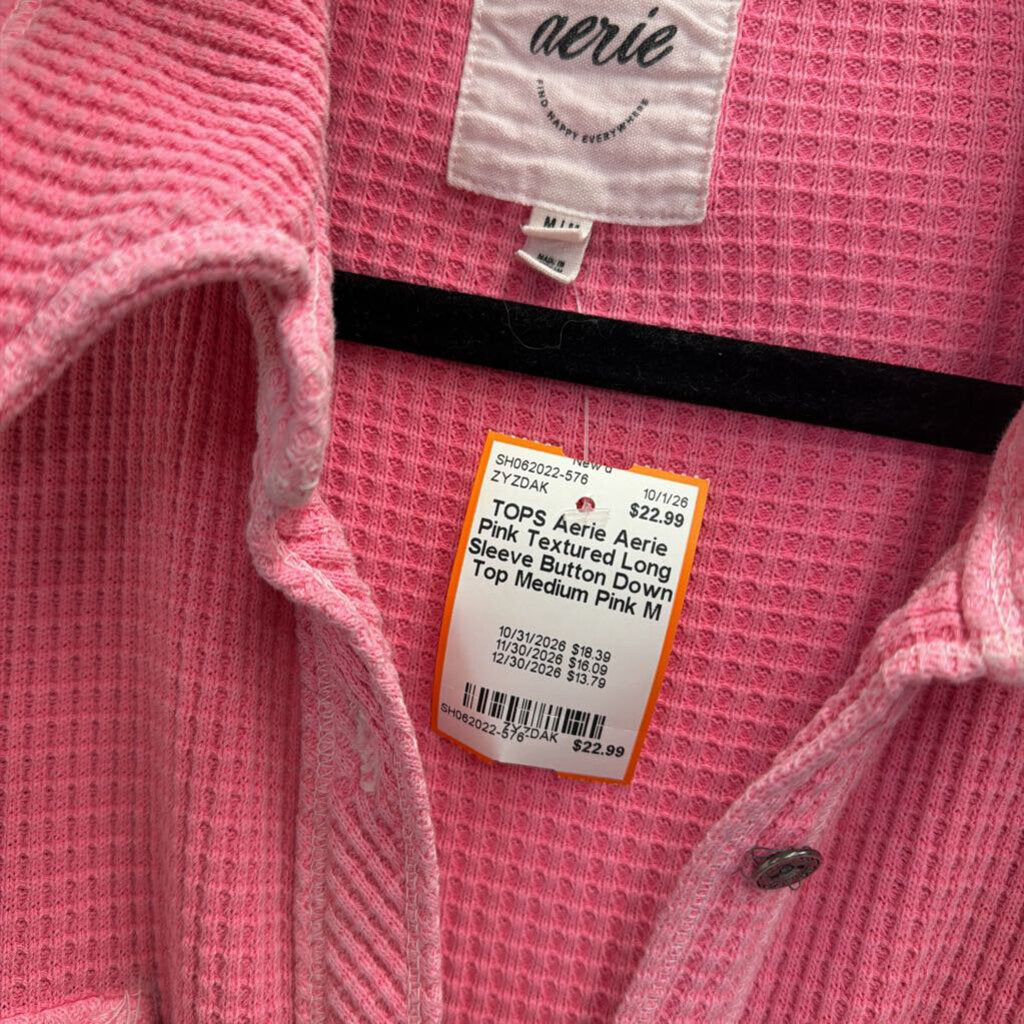 Aerie Pink Textured Long Sleeve Button Down Top Medium