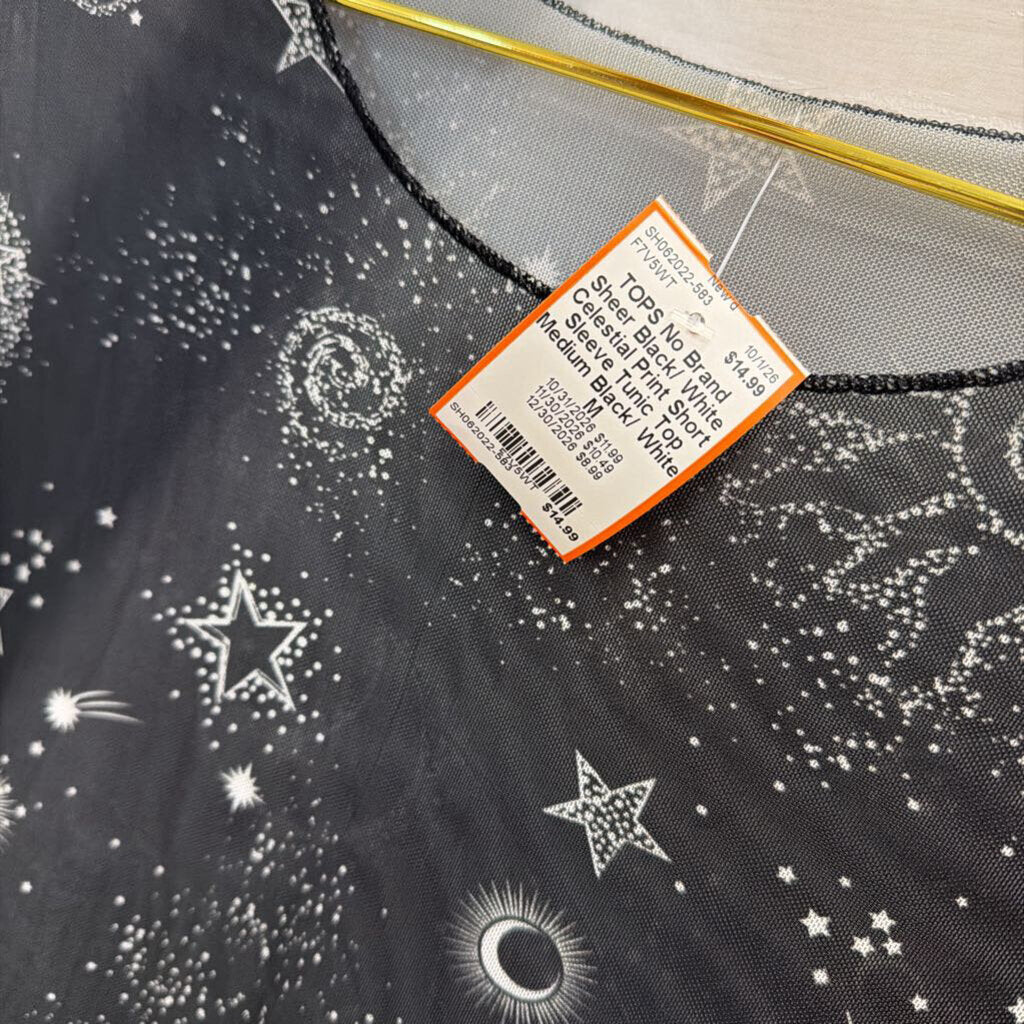 Sheer Black/ White Celestial Print Short Sleeve Tunic Top Medium