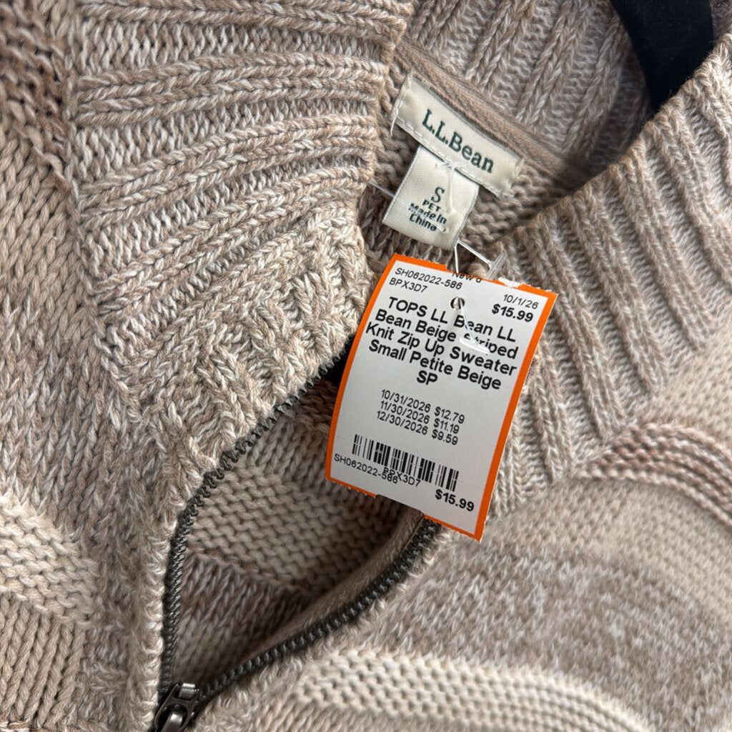 LL Bean Beige Striped Knit Zip Up Sweater Small Petite