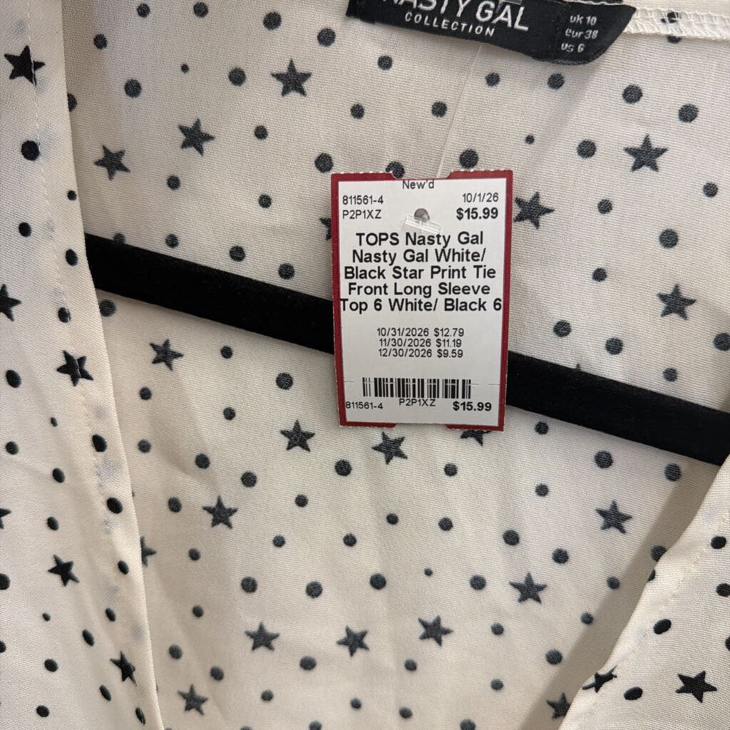 Nasty Gal White/ Black Star Print Tie Front Long Sleeve Top 6