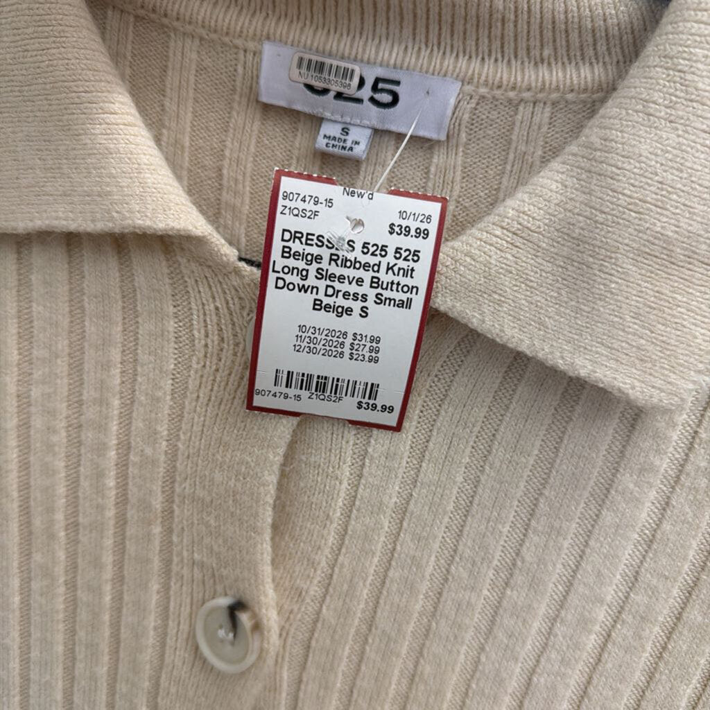 525 Beige Ribbed Knit Long Sleeve Button Down Dress Small