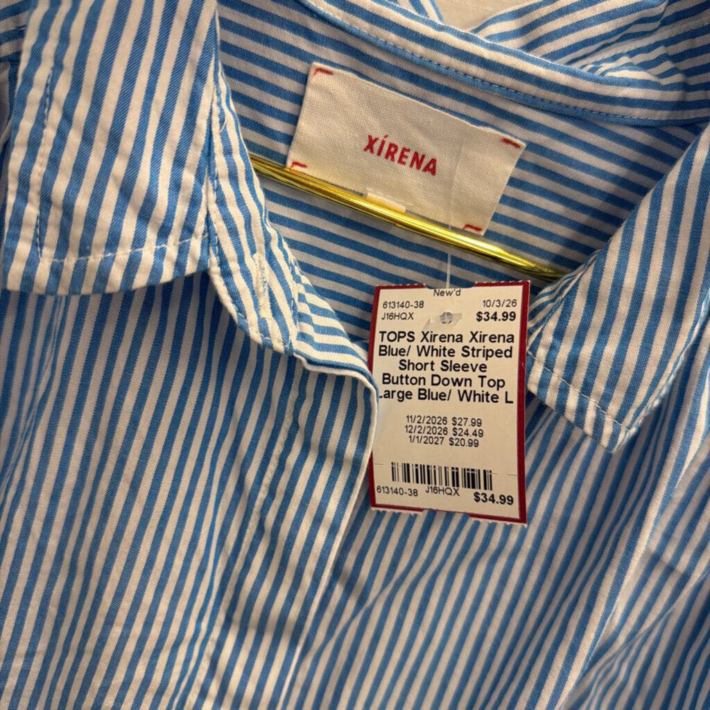 Xirena Blue/ White Striped Short Sleeve Button Down Top Large