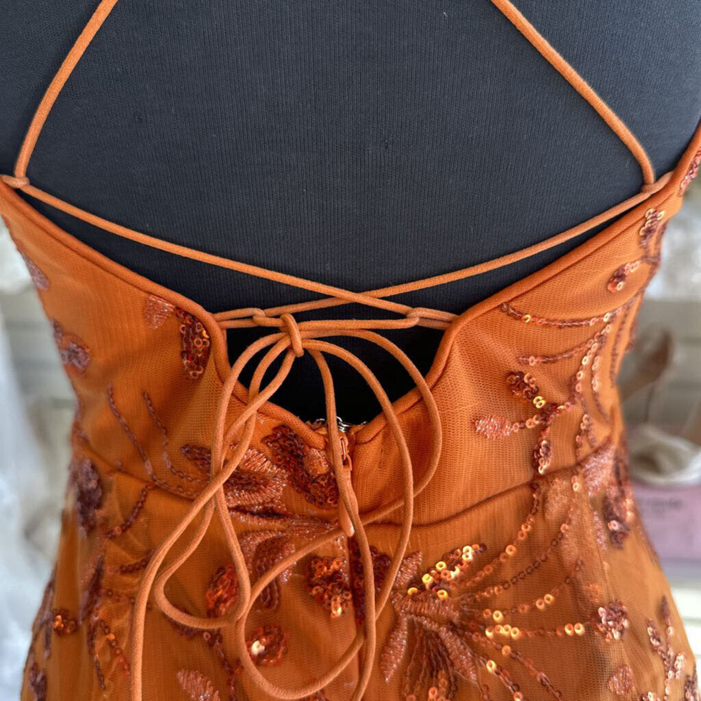 Maniju Orange Sequin Print Long Formal Dress Small