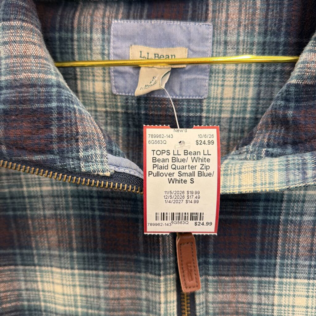 LL Bean Blue/ White Plaid Quarter Zip Pullover Small