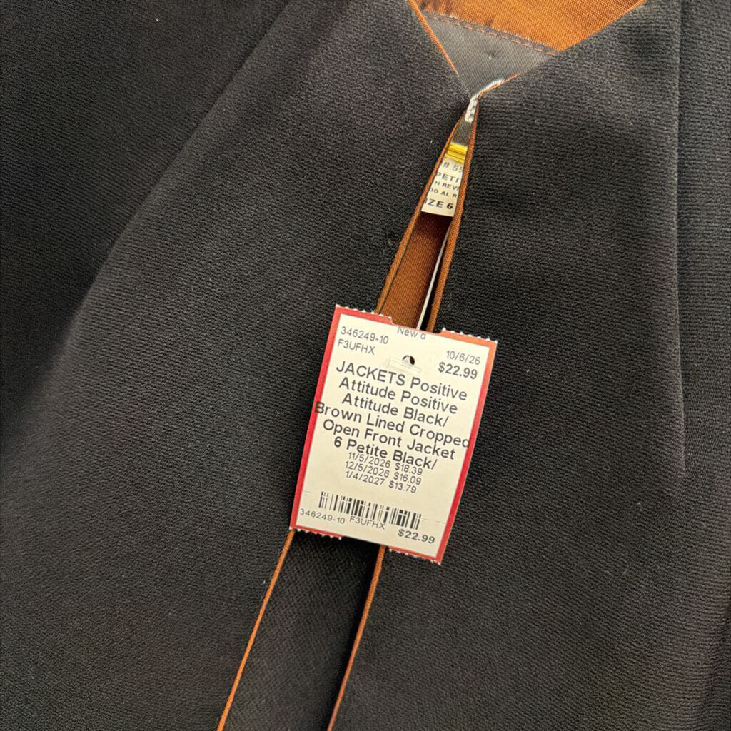 Positive Attitude Black/ Brown Lined Cropped Open Front Jacket 6 Petite