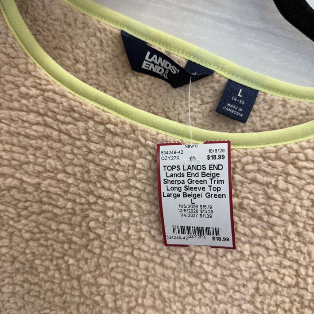 Lands End Beige Sherpa Green Trim Long Sleeve Top Large