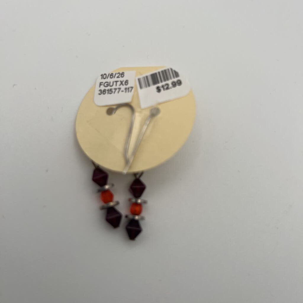 Silver/ Burgundy/ Orange Beaded Drop Earrings
