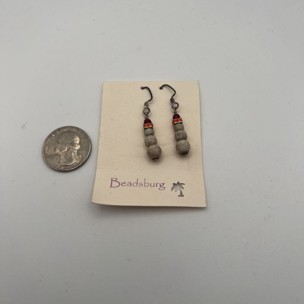 Silver/ Burgundy/ Orange Snowman Beaded Drop Earrings