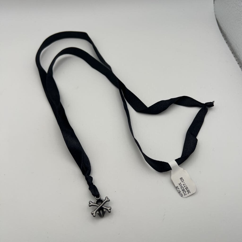 Skull Cross Bone Pendant Black Ribbon Necklace
