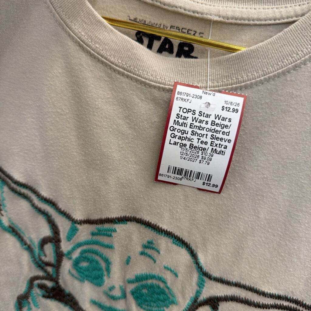 Star Wars Beige/ Multi Embroidered Grogu Short Sleeve Graphic Tee Extra Large