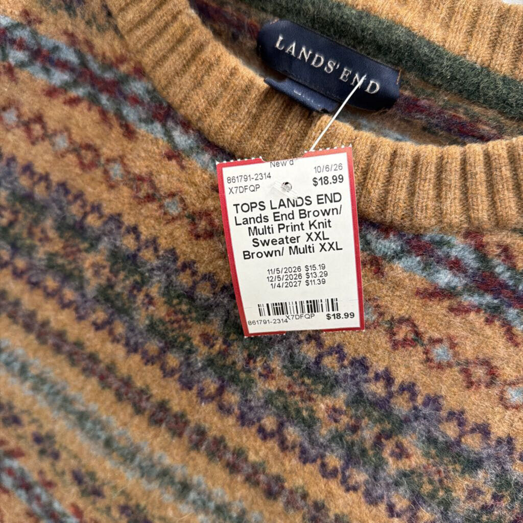Lands End Brown/ Multi Print Knit Sweater XXL