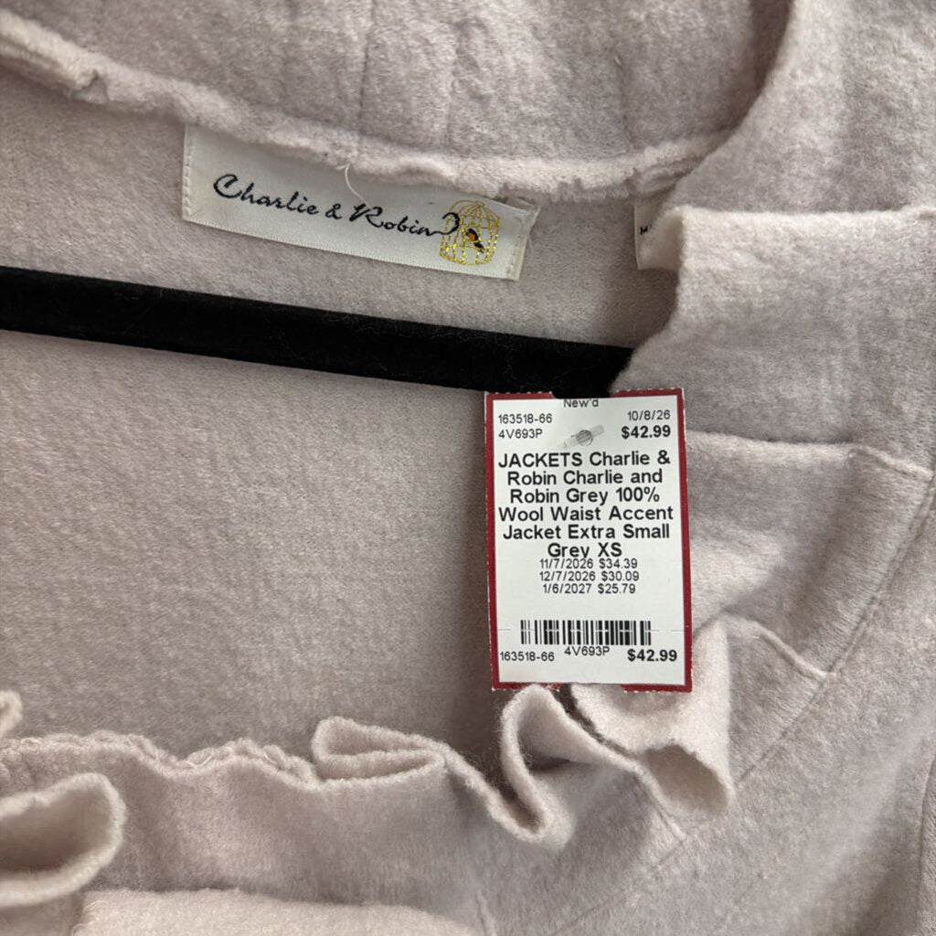 Charlie and Robin Grey 100% Wool Waist Accent Jacket Extra Small