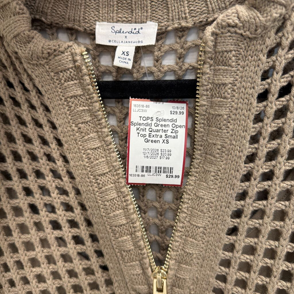 Splendid Green Open Knit Quarter Zip Top Extra Small