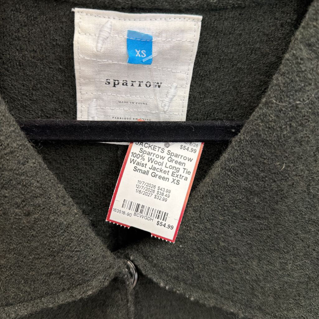 Sparrow Green 100% Wool Long Tie Waist Jacket Extra Small