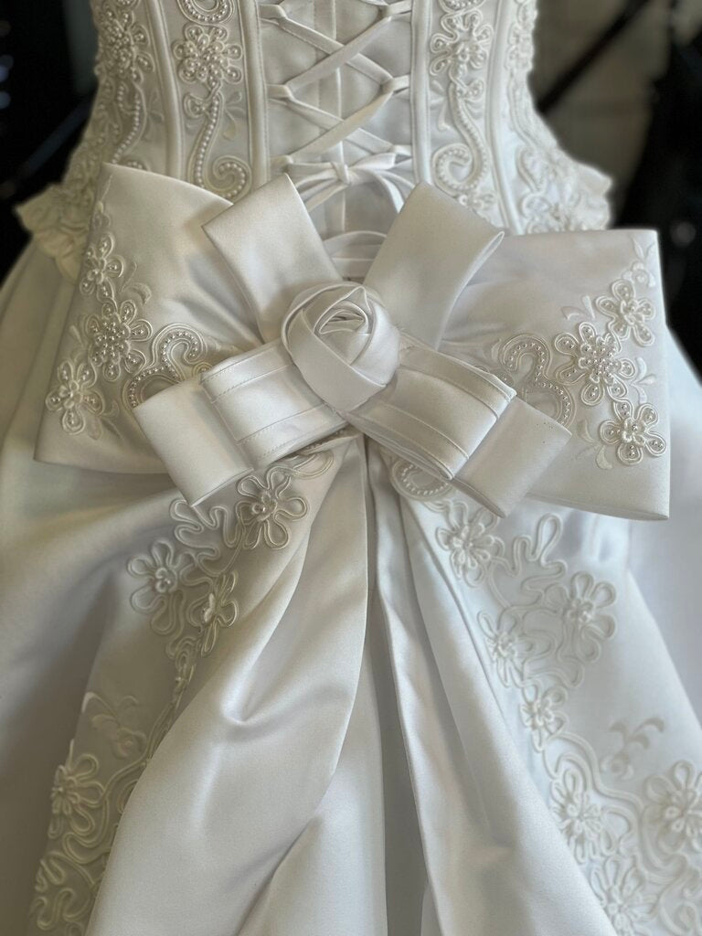 Vintage Ivory Satin and Pearl Off Shoulder Bridal Gown 2