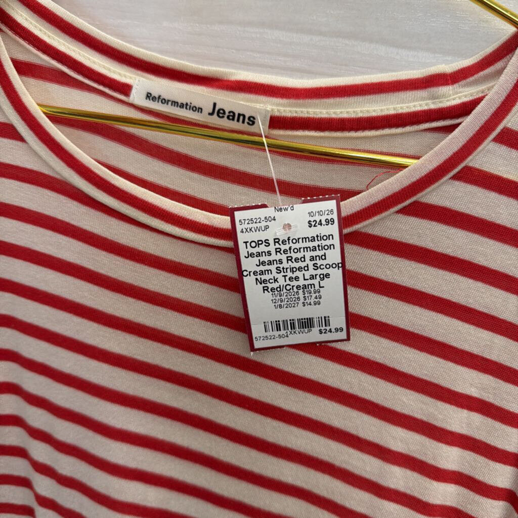 Reformation Jeans Red and Cream Striped Scoop Neck Tee Large