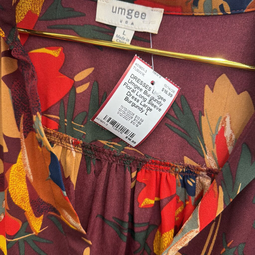 Umgee Burgundy Floral Long Sleeve Dress Large
