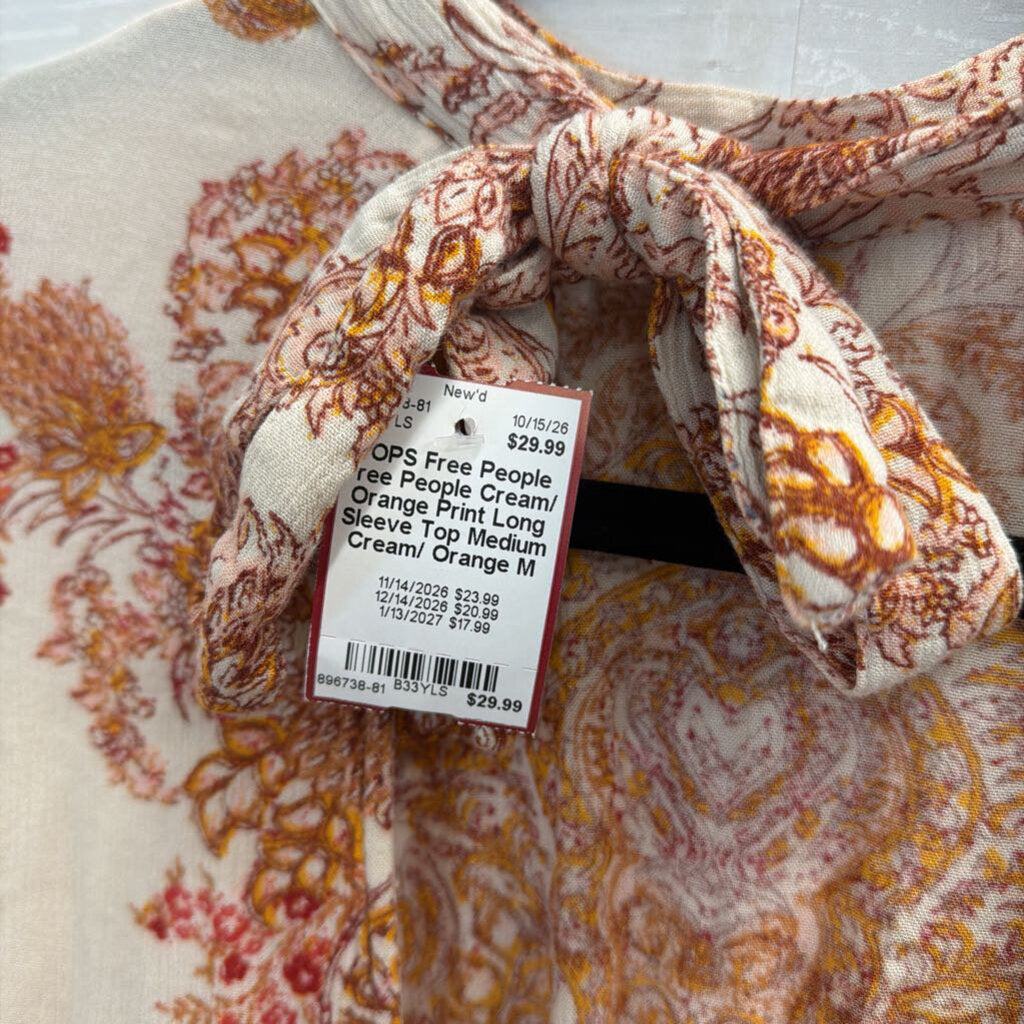 Free People Cream/ Orange Print Long Sleeve Top Medium