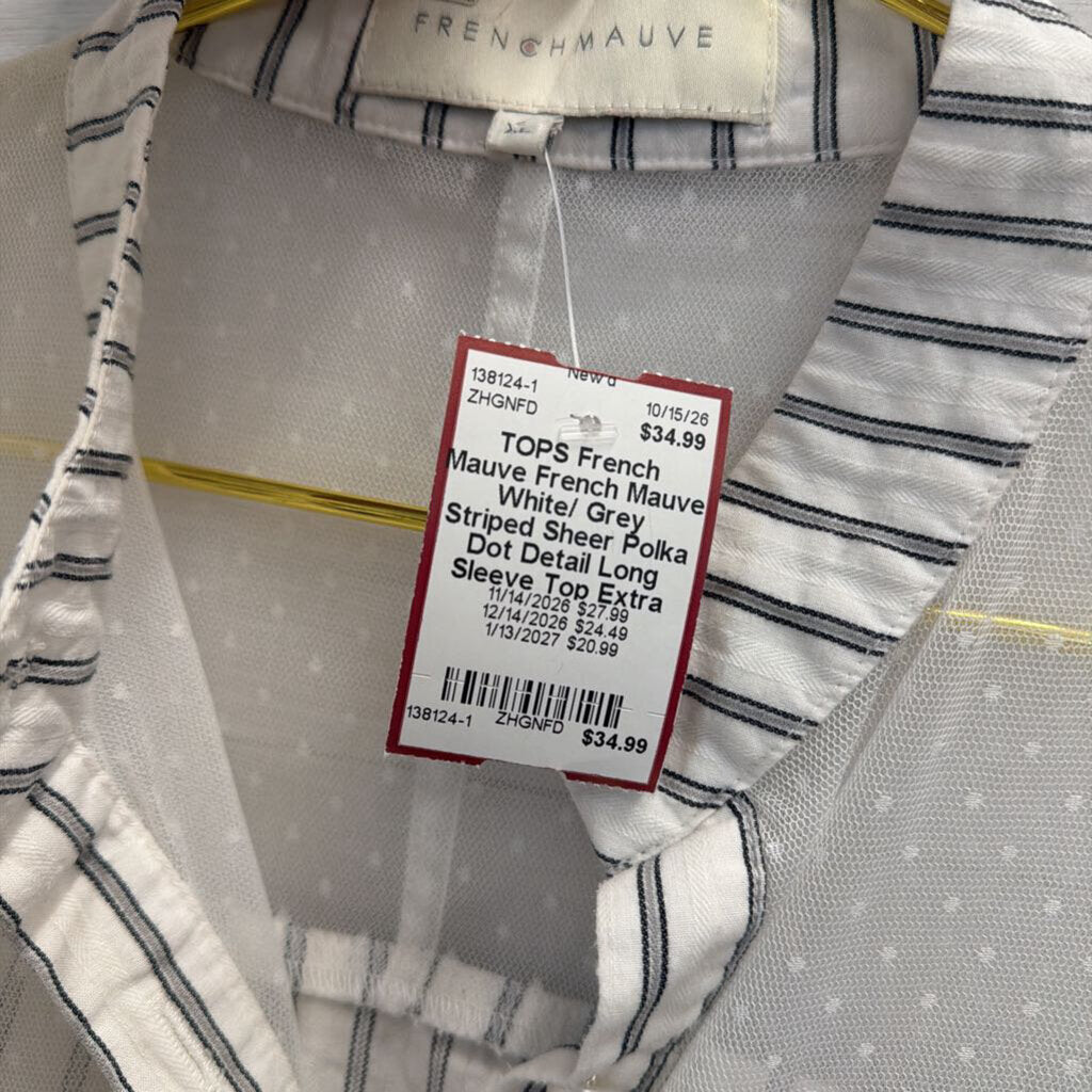 French Mauve White/ Grey Striped Sheer Polka Dot Detail Long Sleeve Top Extra Large