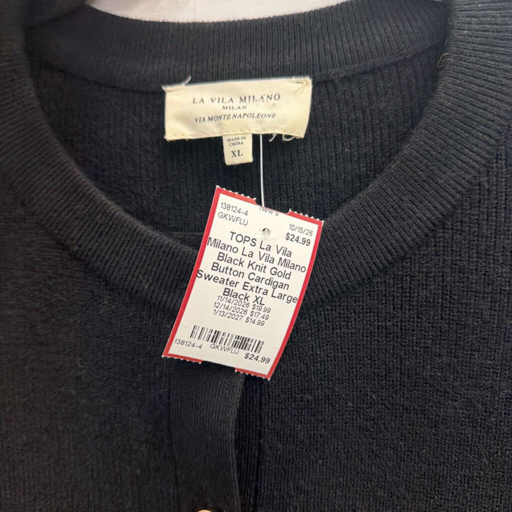 La Vila Milano Black Knit Gold Button Cardigan Sweater Extra Large