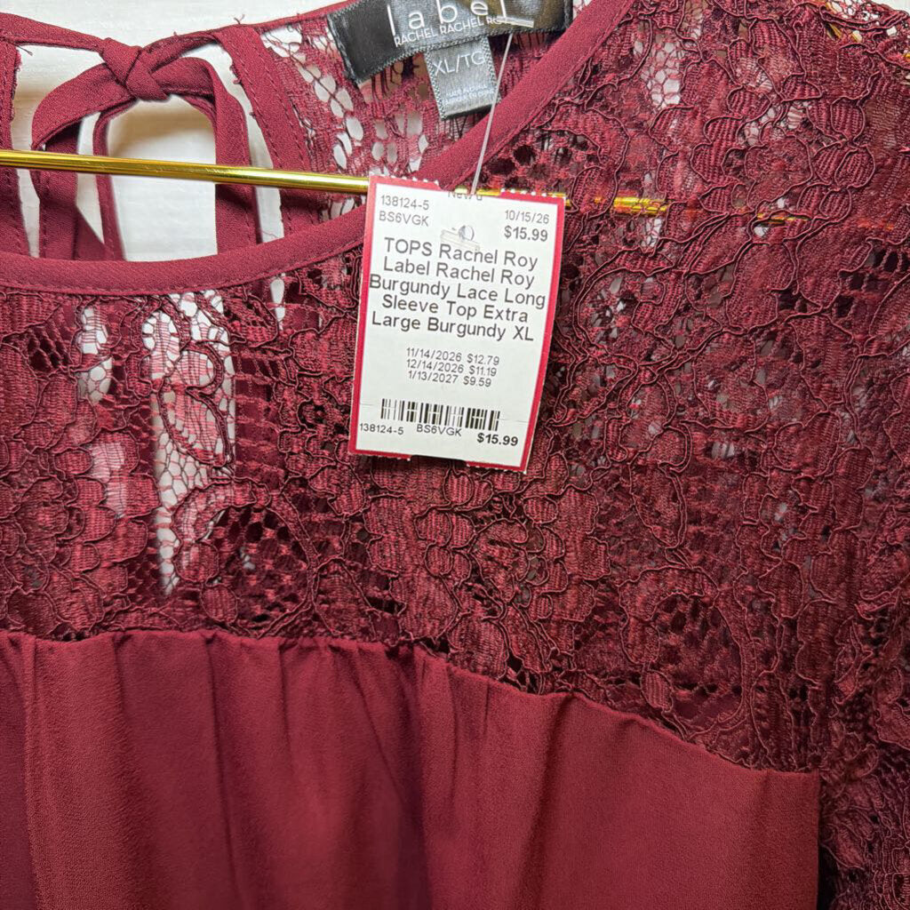 Label Rachel Roy Burgundy Lace Long Sleeve Top Extra Large