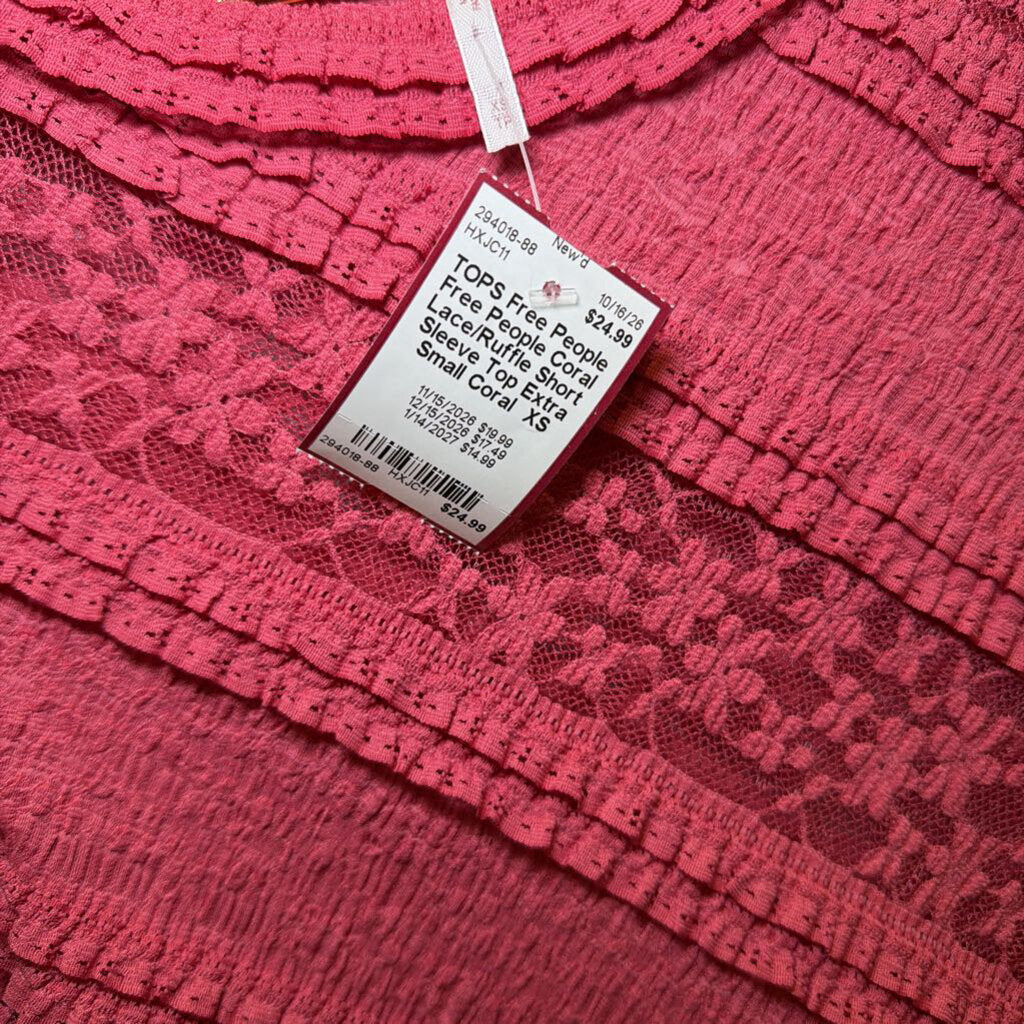 Free People Coral Lace/Ruffle Short Sleeve Top Extra Small