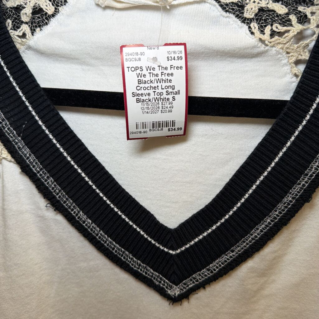 We The Free Black/White Crochet Long Sleeve Top Small