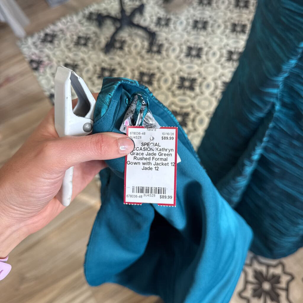 Jade Green Rushed Formal Gown with Jacket 12