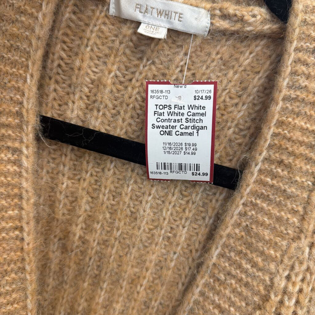 Flat White Camel Contrast Stitch Sweater Cardigan ONE