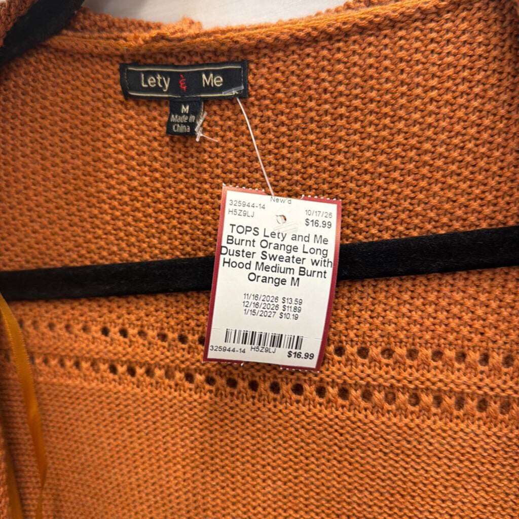 Burnt Orange Long Duster Sweater with Hood Medium
