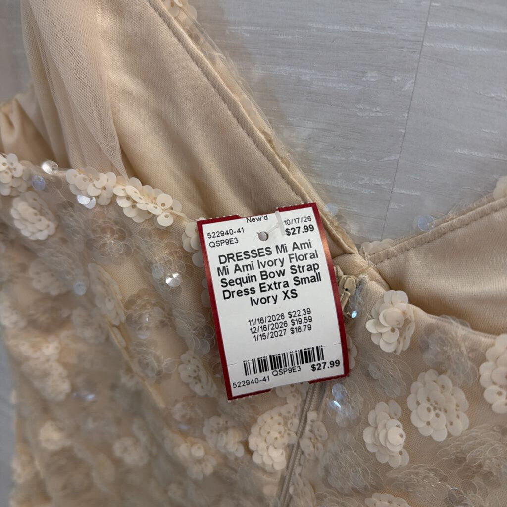 Mi Ami Ivory Floral Sequin Bow Strap Dress Extra Small