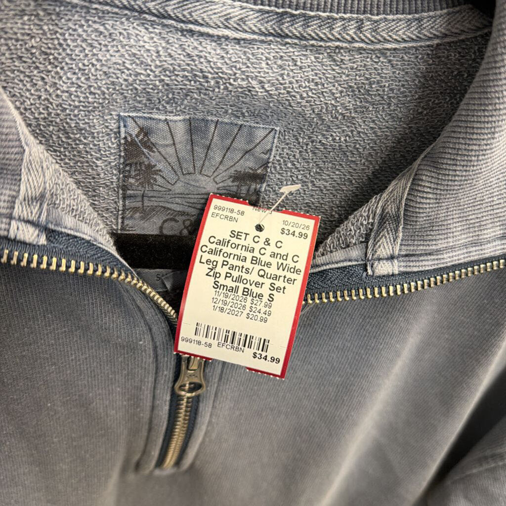 C and C California Blue Wide Leg Pants/ Quarter Zip Pullover Set Small