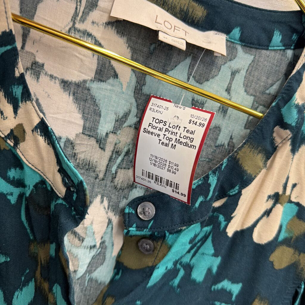 Teal Floral Print Long Sleeve Top Medium
