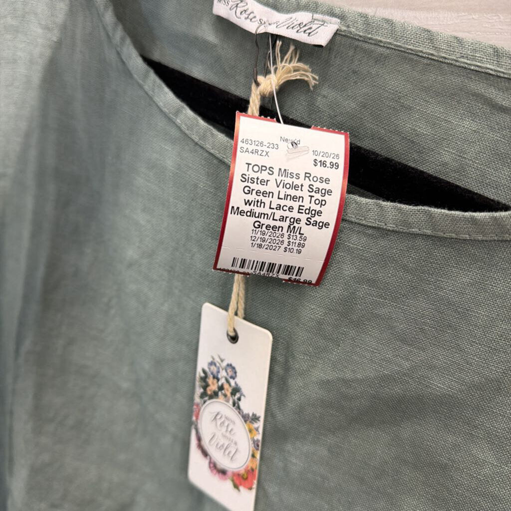 Sage Green Linen Top with Lace Edge Medium/Large