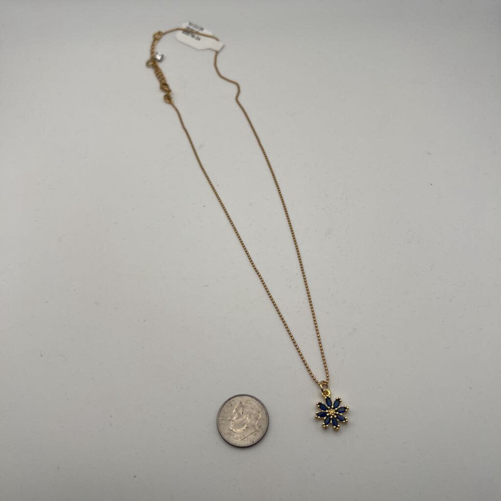 Gold/ Blue Stone Dainty Flower Pendant Necklace