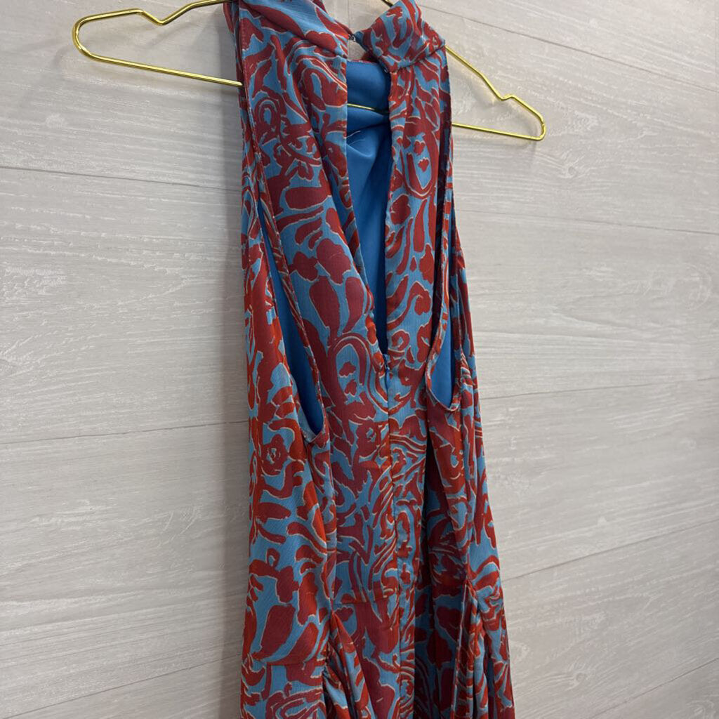 Amanda Uprichard Blue/ Orange Silky Print High Neck Dress Large