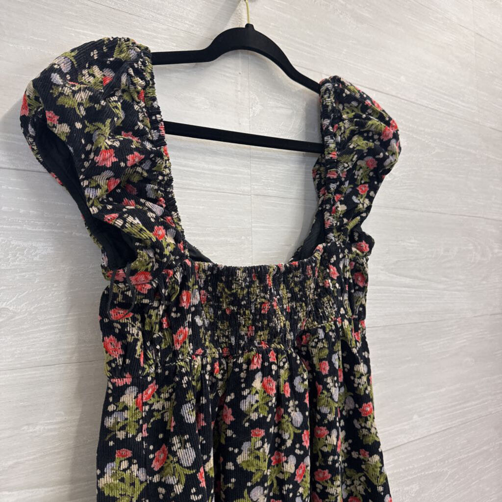 Free People Black/ Multi Print Corduroy Short Puff Sleeve Baby Doll Tunic Top Small