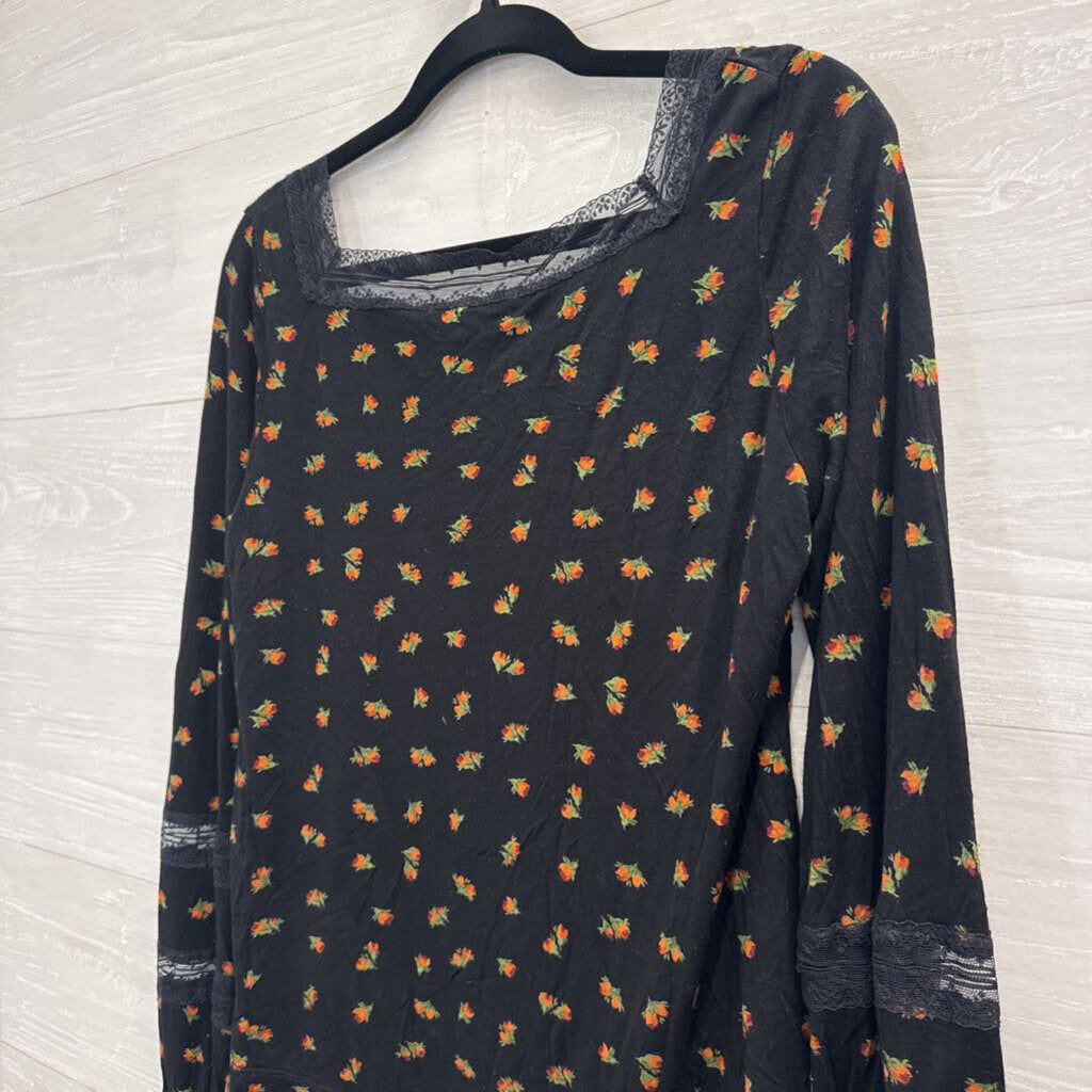 Free People Black/ Multi Floral Print Long Sleeve Top Large