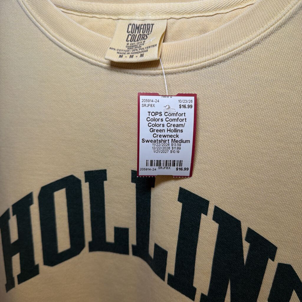 Comfort Colors Cream/ Green Hollins Crewneck Sweatshirt Medium