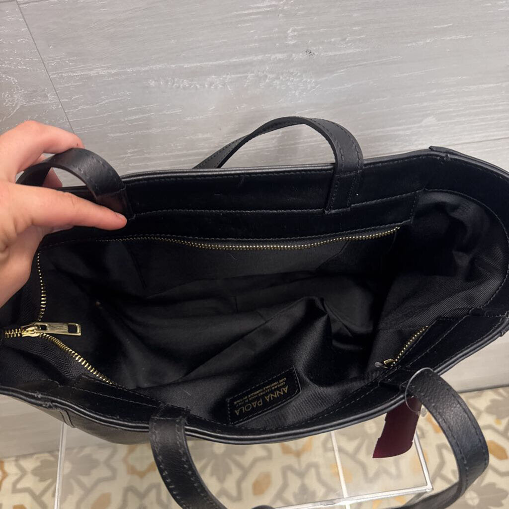 Anna Paola Black Leather Front Buckle Tote Purse