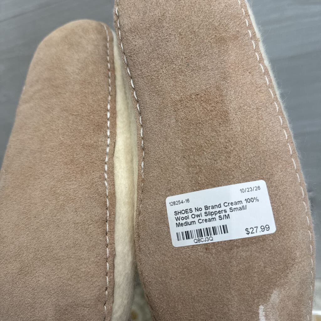 Cream 100% Wool Owl Slippers Small/ Medium