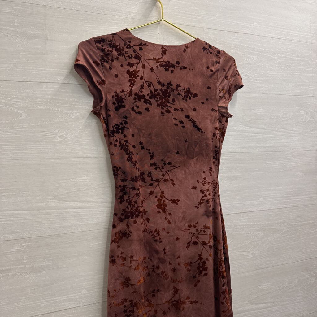 Thirty Thirty Burgundy Velvet Floral Print Maxi Dress Extra Small