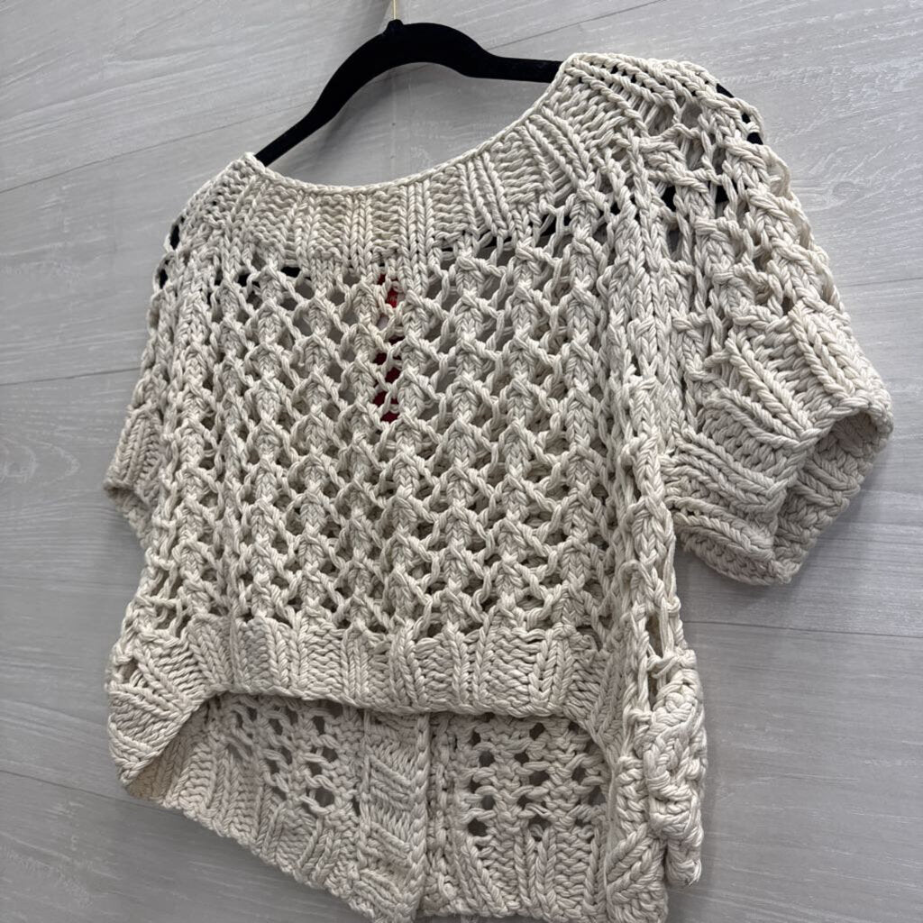 Twinkle by Wenlan Beige Open Knit Cropped Short Sleeve Top Medium