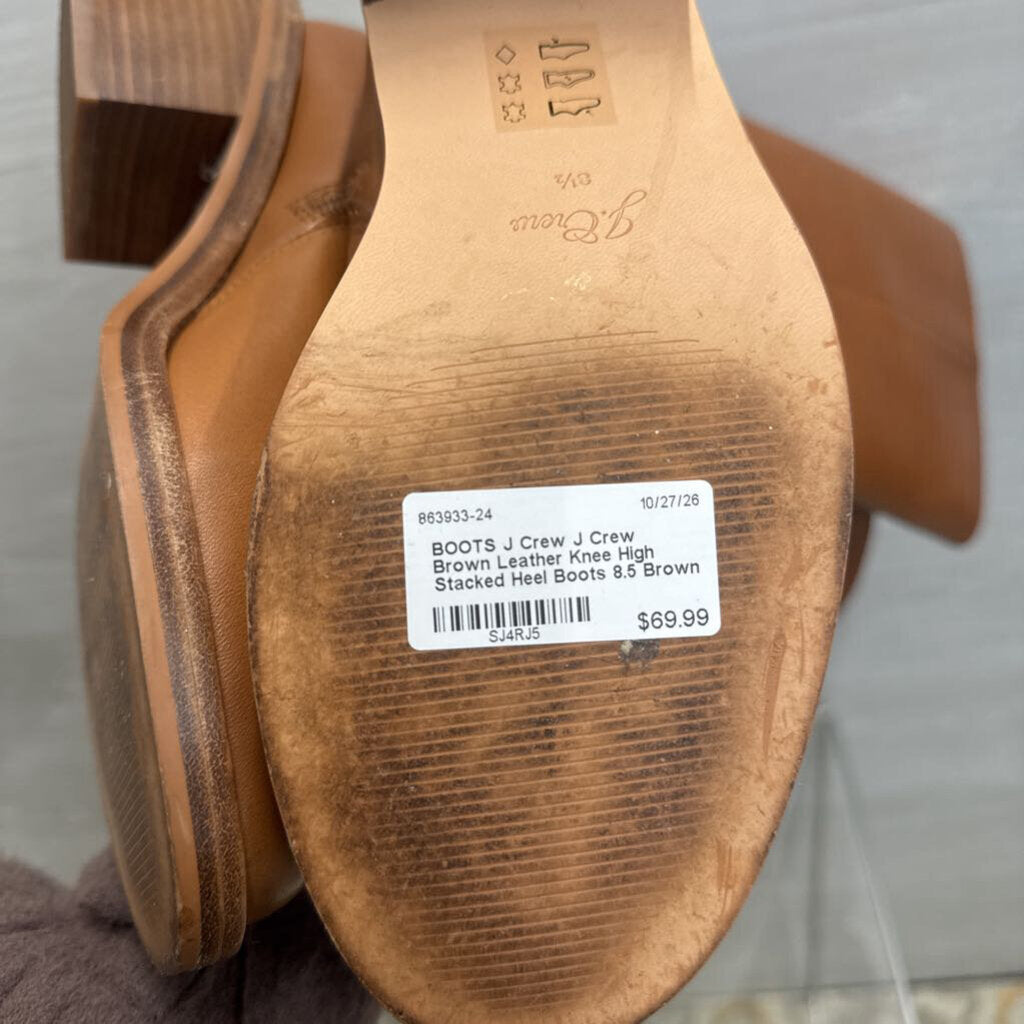 J Crew Brown Leather Knee High Stacked Heel Boots 8.5