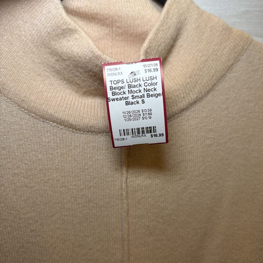 LUSH Beige/ Black Color Block Mock Neck Sweater Small