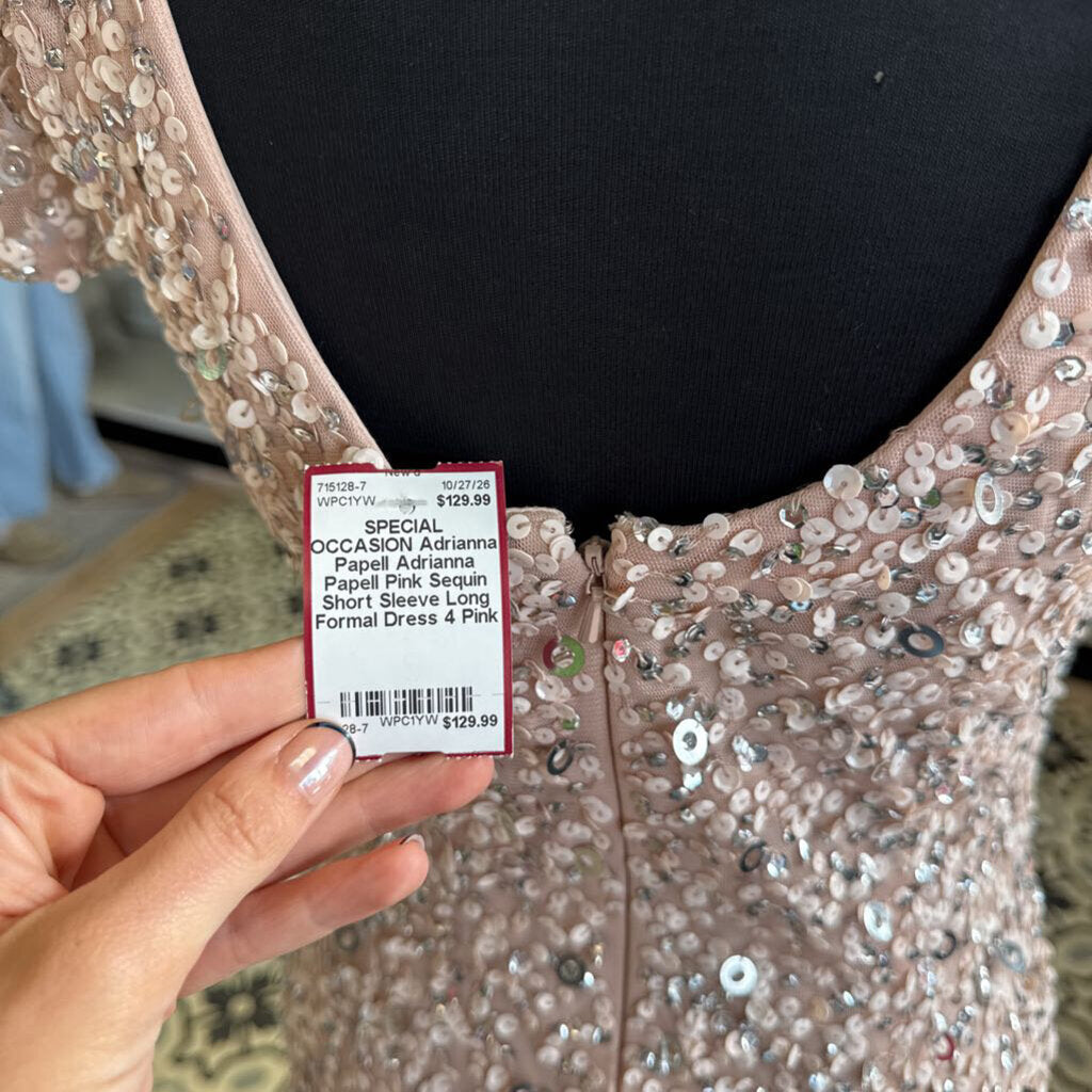 Adrianna Papell Pink Sequin Short Sleeve Long Formal Dress 4