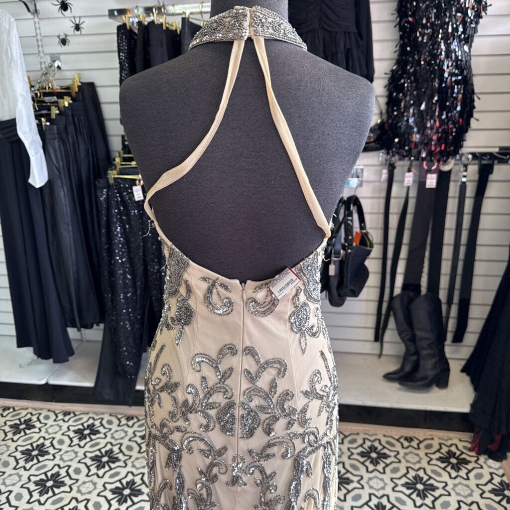 David's Bridal Beige/ Silver Beaded Sequin Print High Neck Long Formal Dress 4