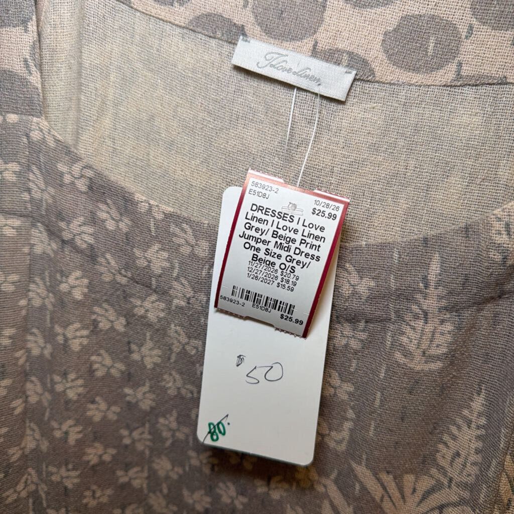 I Love Linen Grey/ Beige Print Jumper Midi Dress One Size